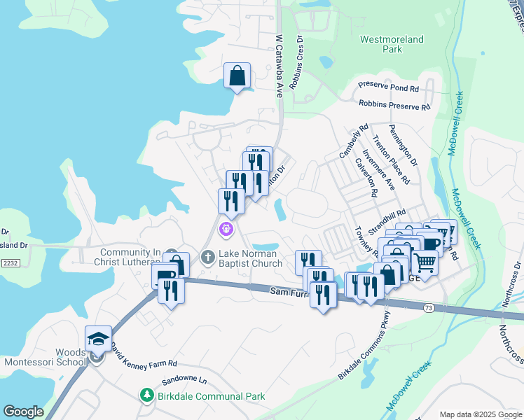map of restaurants, bars, coffee shops, grocery stores, and more near 17044 Kenton Drive in Cornelius