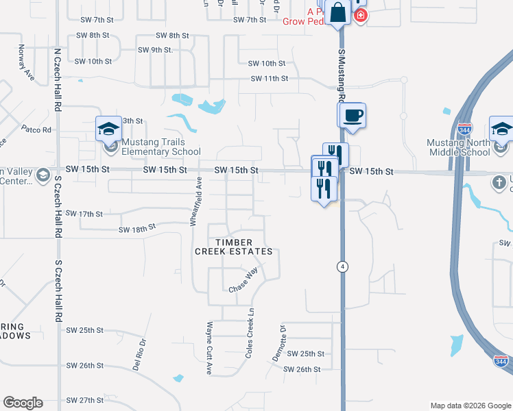 map of restaurants, bars, coffee shops, grocery stores, and more near 11604 Southwest 17th Court in Yukon