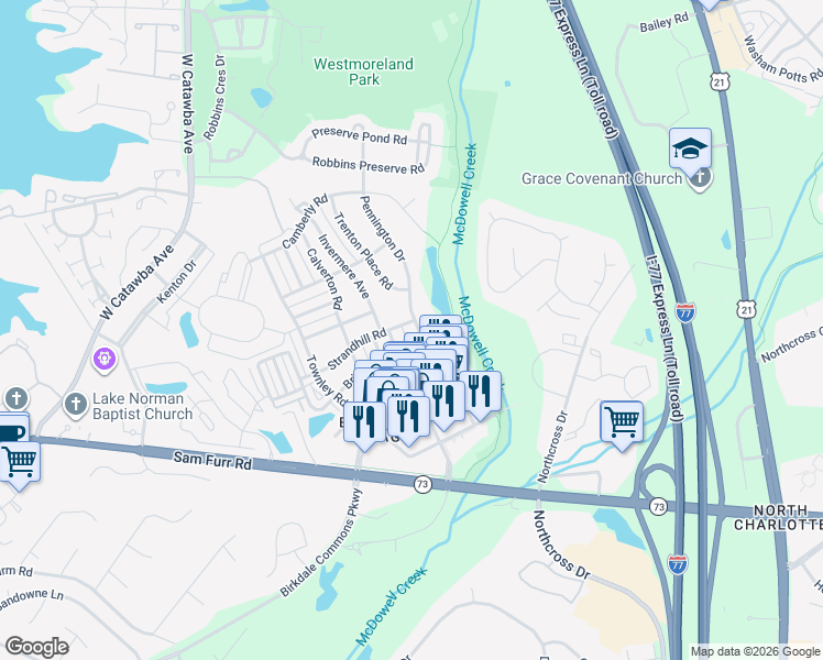 map of restaurants, bars, coffee shops, grocery stores, and more near 16925 Pennington Drive in Huntersville