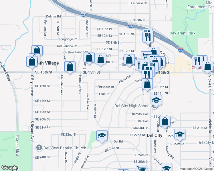 map of restaurants, bars, coffee shops, grocery stores, and more near 3701 Firethorn Drive in Del City