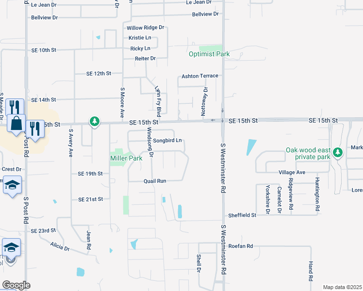 map of restaurants, bars, coffee shops, grocery stores, and more near 1705 Songbird Lane in Midwest City