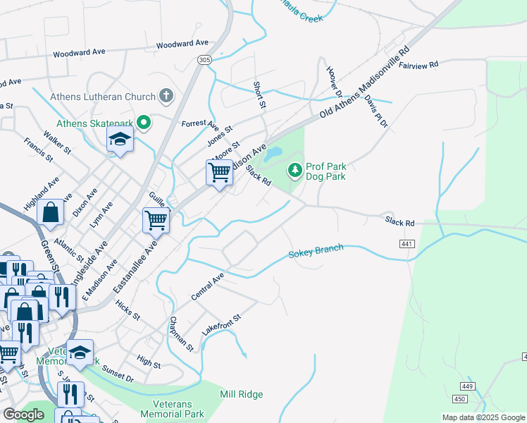 map of restaurants, bars, coffee shops, grocery stores, and more near 916 Apple St in Athens