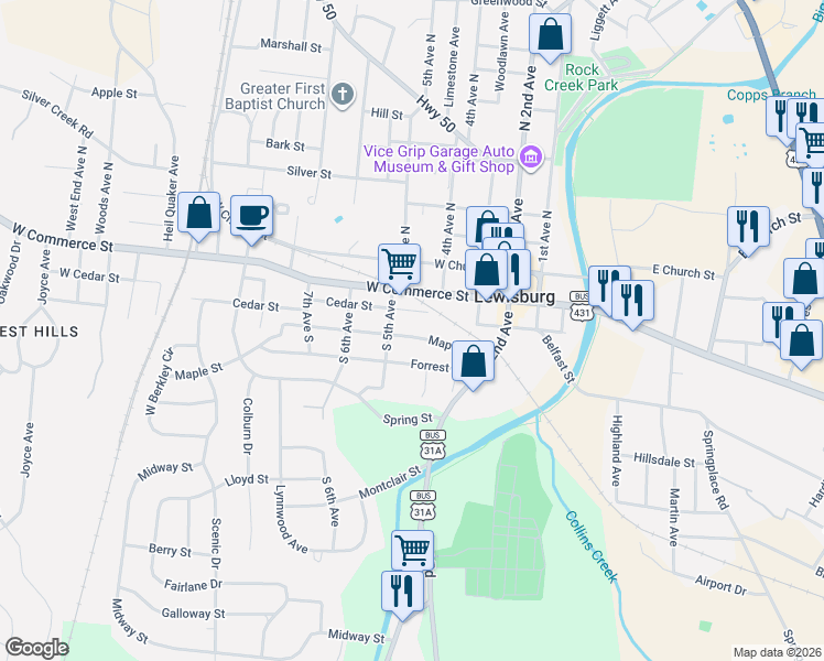 map of restaurants, bars, coffee shops, grocery stores, and more near 426 Maple Street in Lewisburg