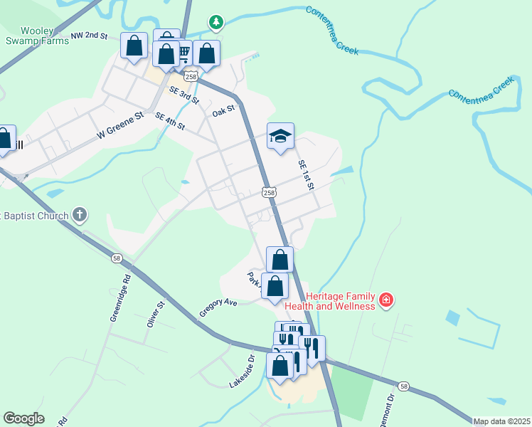 map of restaurants, bars, coffee shops, grocery stores, and more near 111 Eastover Drive in Snow Hill