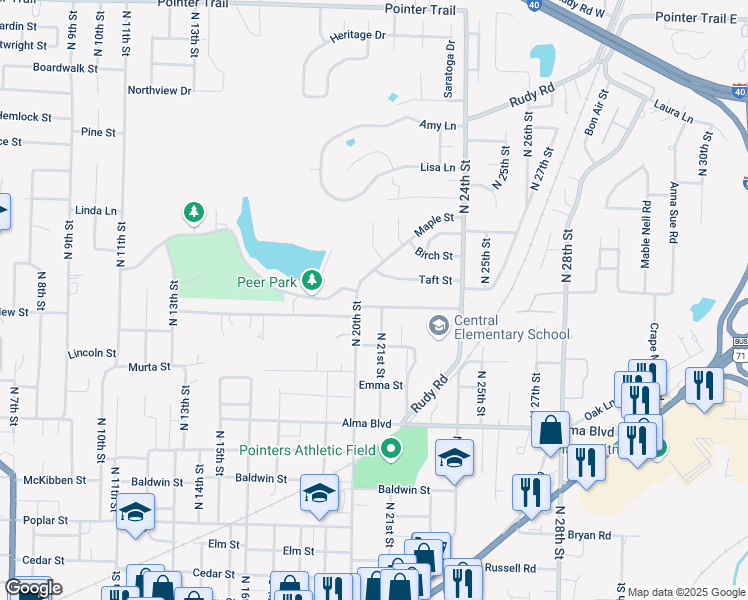 map of restaurants, bars, coffee shops, grocery stores, and more near 2106 Woodrow Street in Van Buren