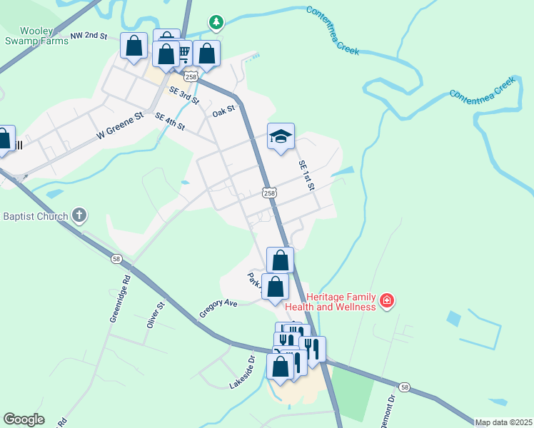 map of restaurants, bars, coffee shops, grocery stores, and more near 111 Eastover Drive in Snow Hill