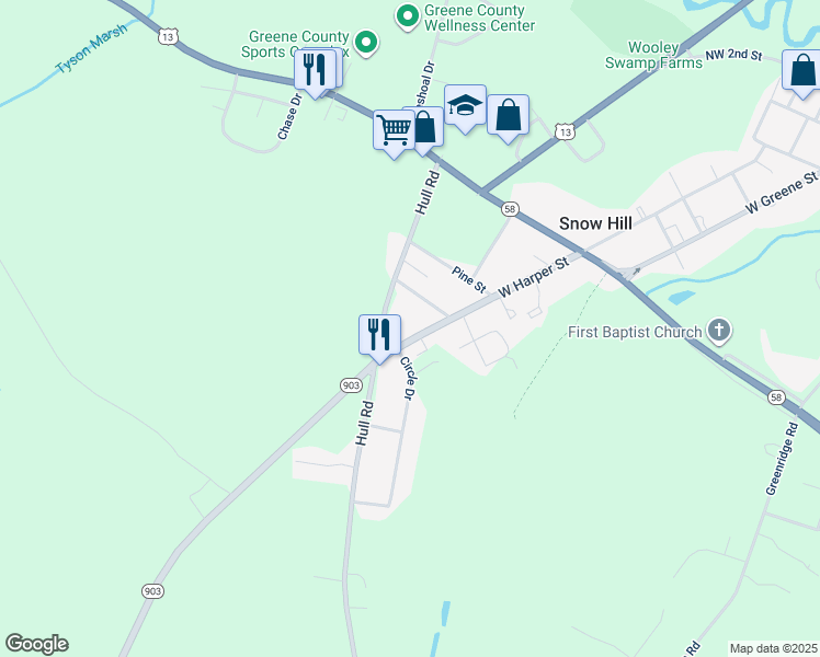 map of restaurants, bars, coffee shops, grocery stores, and more near 809 West Harper Street in Snow Hill