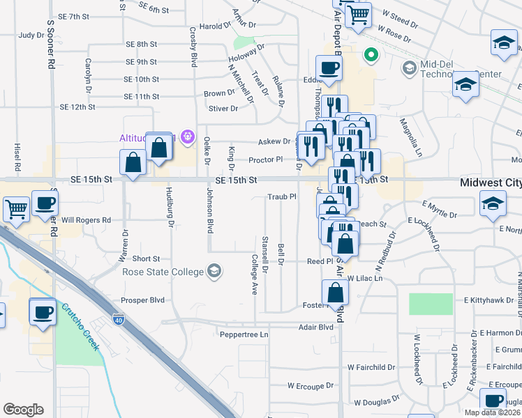 map of restaurants, bars, coffee shops, grocery stores, and more near 1201 Stansell Drive in Midwest City