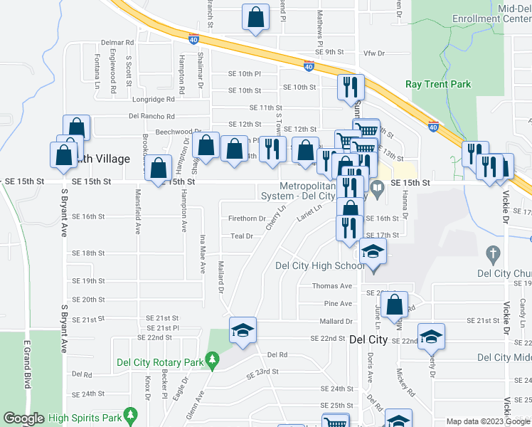 map of restaurants, bars, coffee shops, grocery stores, and more near 1012 Mallard Drive in Del City