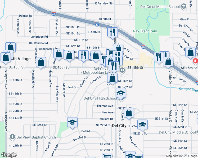 map of restaurants, bars, coffee shops, grocery stores, and more near 1644 Lariet Lane in Del City
