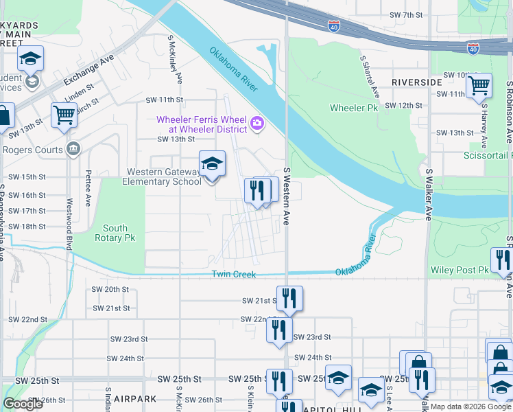 map of restaurants, bars, coffee shops, grocery stores, and more near 1701 South Western Avenue in Oklahoma City