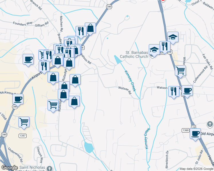 map of restaurants, bars, coffee shops, grocery stores, and more near 320 Watson Road in Arden
