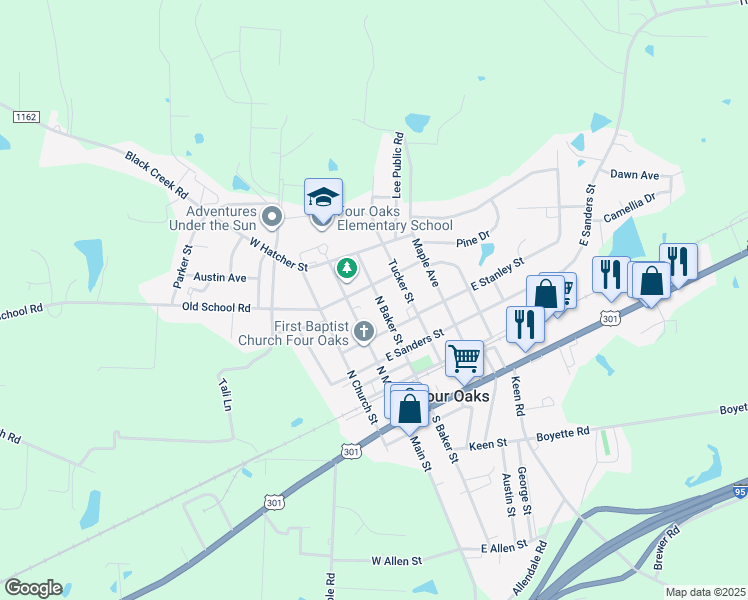 map of restaurants, bars, coffee shops, grocery stores, and more near 509 North Baker Street in Four Oaks