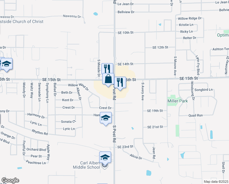 map of restaurants, bars, coffee shops, grocery stores, and more near 1628 South Post Road in Midwest City