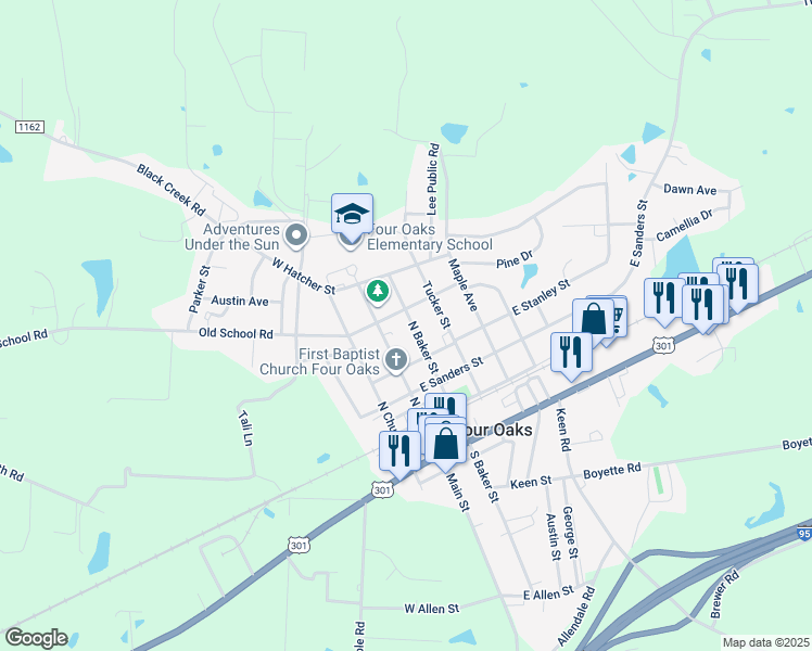 map of restaurants, bars, coffee shops, grocery stores, and more near 509 North Baker Street in Four Oaks