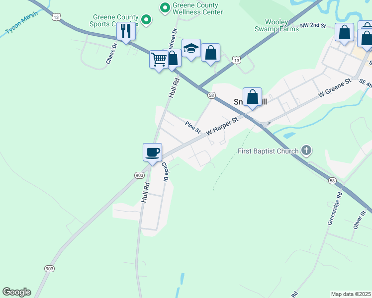 map of restaurants, bars, coffee shops, grocery stores, and more near 806 West Harper Street in Snow Hill