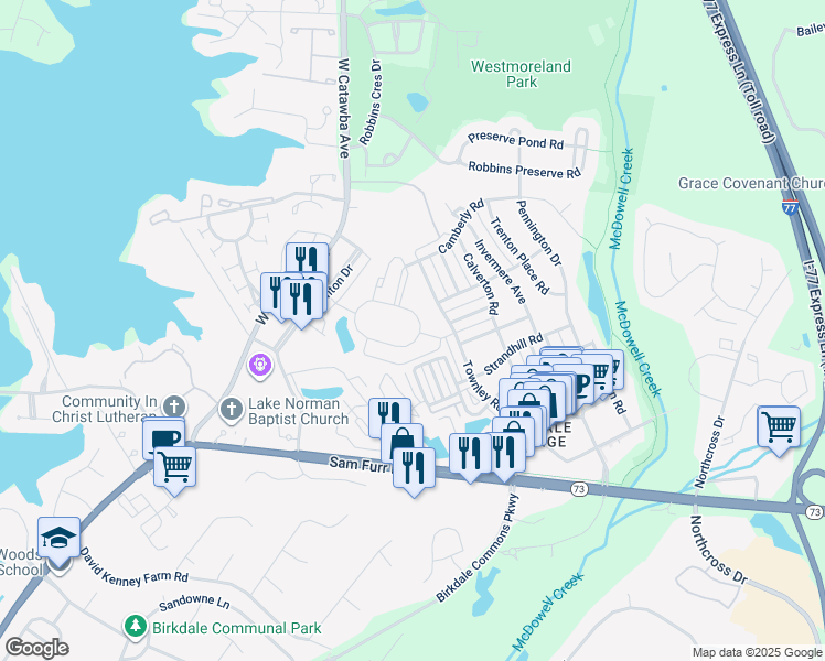 map of restaurants, bars, coffee shops, grocery stores, and more near 8301 Dunmore Drive in Huntersville
