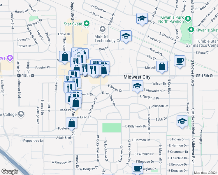 map of restaurants, bars, coffee shops, grocery stores, and more near 112 East Myrtle Drive in Midwest City