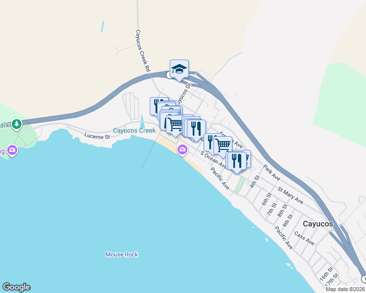 map of restaurants, bars, coffee shops, grocery stores, and more near 77 North Ocean Avenue in Cayucos