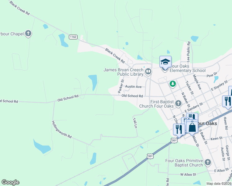 map of restaurants, bars, coffee shops, grocery stores, and more near 122 Parker Street in Four Oaks
