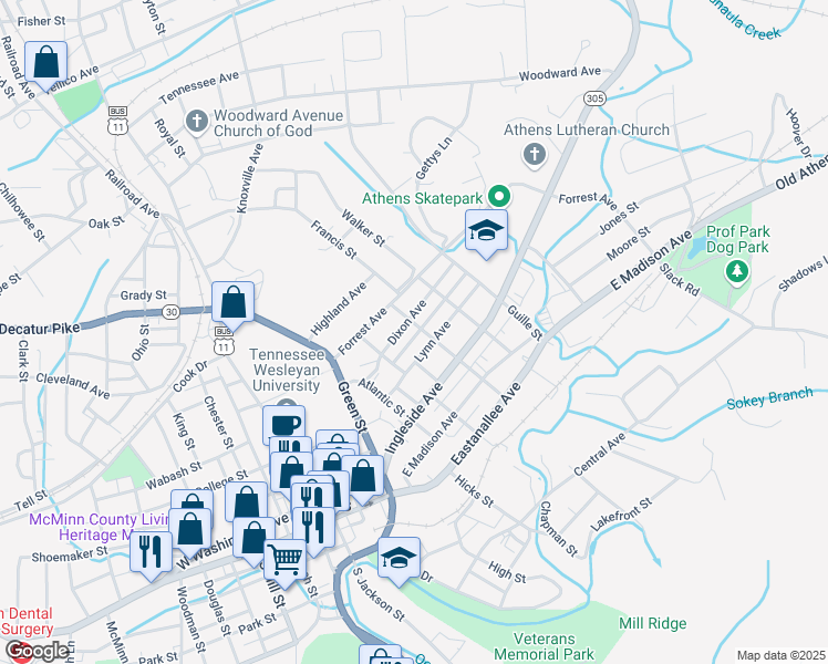 map of restaurants, bars, coffee shops, grocery stores, and more near 210 Blount Street in Athens