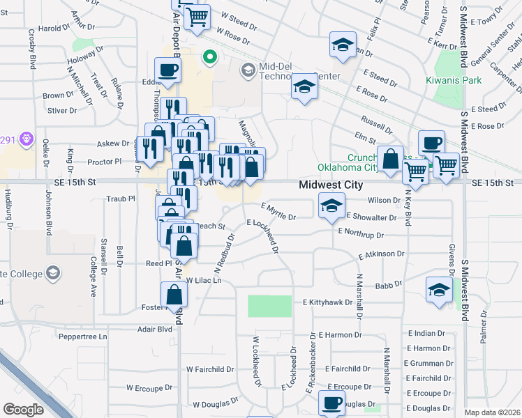 map of restaurants, bars, coffee shops, grocery stores, and more near 1104 East Lockheed Drive in Midwest City