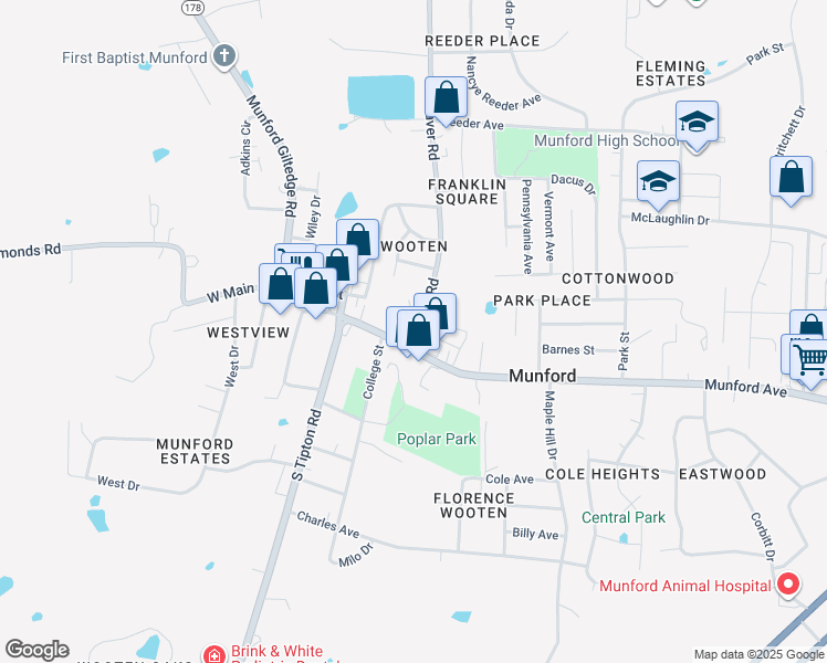 map of restaurants, bars, coffee shops, grocery stores, and more near 1364 Munford Avenue in Munford