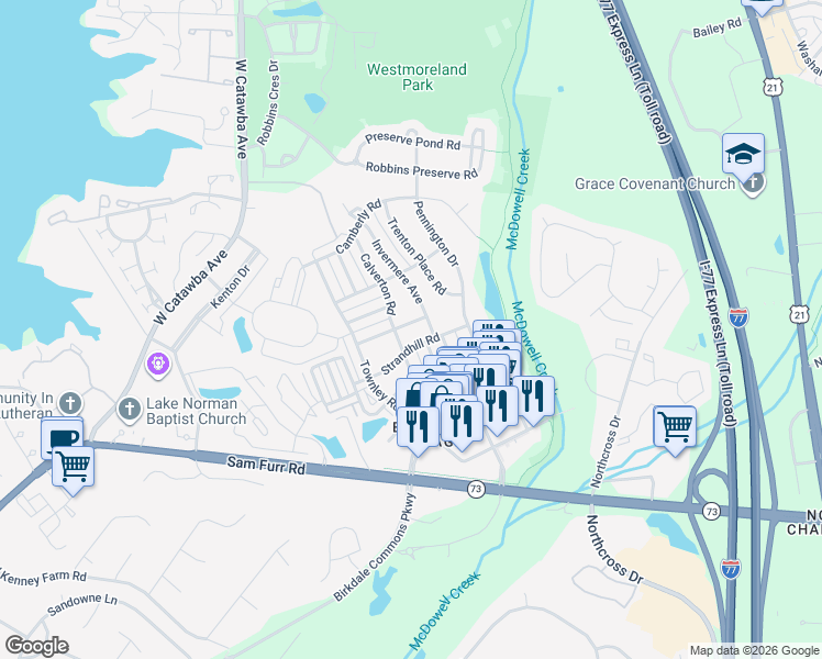 map of restaurants, bars, coffee shops, grocery stores, and more near 8219 Strandhill Road in Huntersville