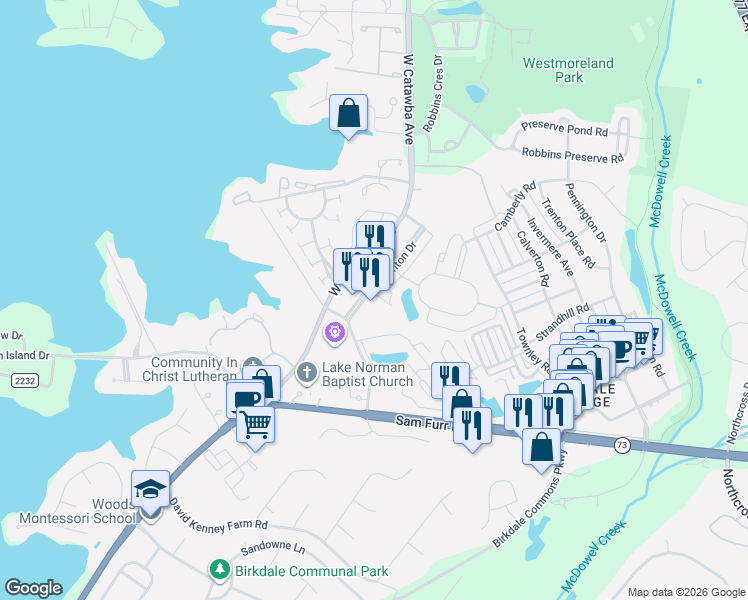 map of restaurants, bars, coffee shops, grocery stores, and more near 17044 Kenton Drive in Cornelius