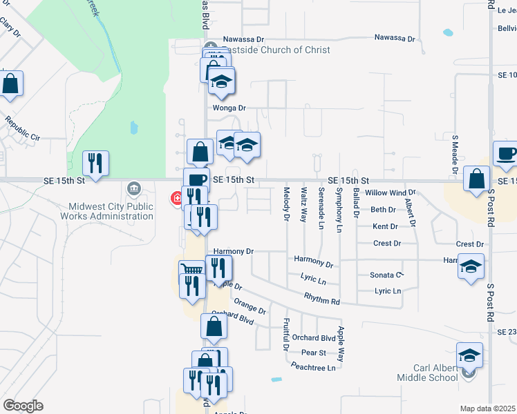 map of restaurants, bars, coffee shops, grocery stores, and more near 9137 Knottingham in Midwest City
