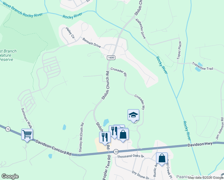 map of restaurants, bars, coffee shops, grocery stores, and more near 2580 Shiloh Church Road in Davidson