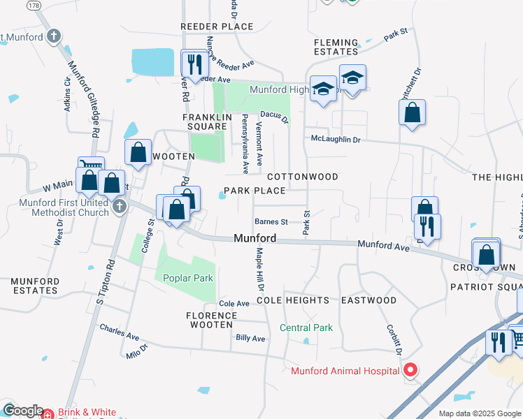map of restaurants, bars, coffee shops, grocery stores, and more near 201 Connecticut Avenue in Munford