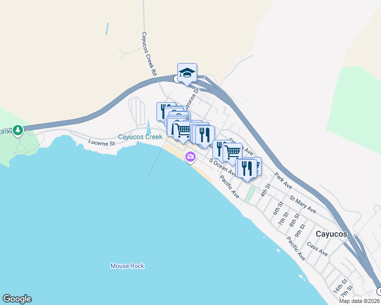 map of restaurants, bars, coffee shops, grocery stores, and more near 71 North Ocean Avenue in Cayucos