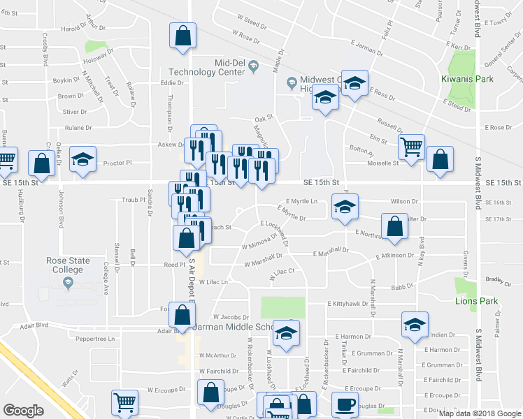 map of restaurants, bars, coffee shops, grocery stores, and more near 100 East Myrtle Drive in Oklahoma City