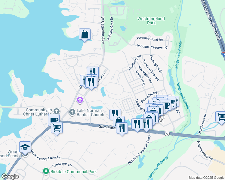 map of restaurants, bars, coffee shops, grocery stores, and more near 8121 Dunmore Drive in Huntersville