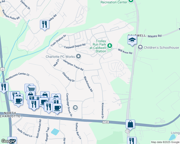 map of restaurants, bars, coffee shops, grocery stores, and more near 16907 Hampton Trace Road in Huntersville