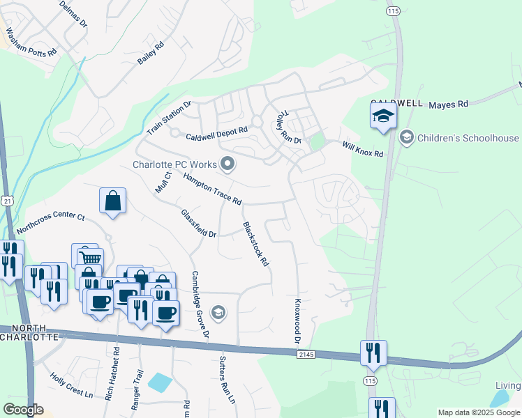 map of restaurants, bars, coffee shops, grocery stores, and more near 16907 Hampton Trace Road in Huntersville