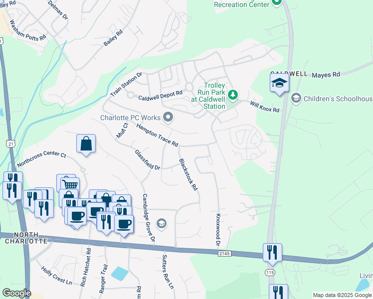 map of restaurants, bars, coffee shops, grocery stores, and more near 16907 Hampton Trace Road in Huntersville