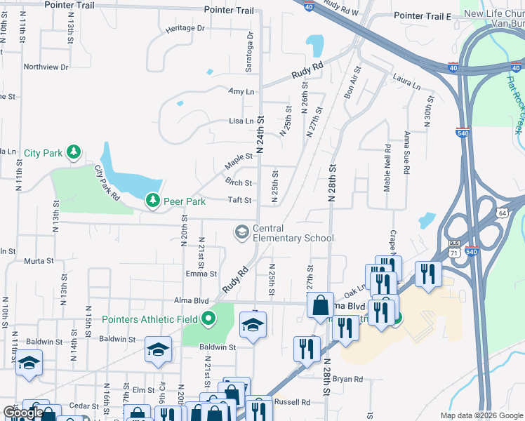 map of restaurants, bars, coffee shops, grocery stores, and more near 2313 Woodrow Street in Van Buren