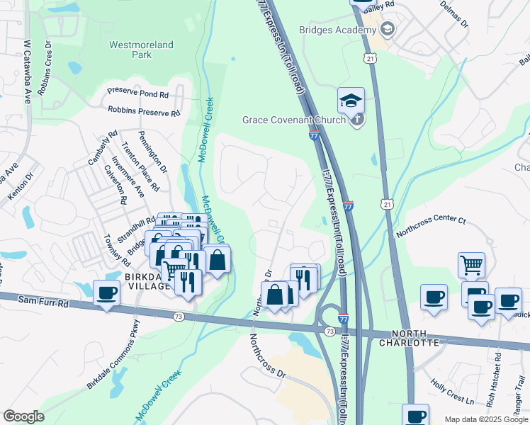 map of restaurants, bars, coffee shops, grocery stores, and more near 17101 Northcross Drive in Cornelius