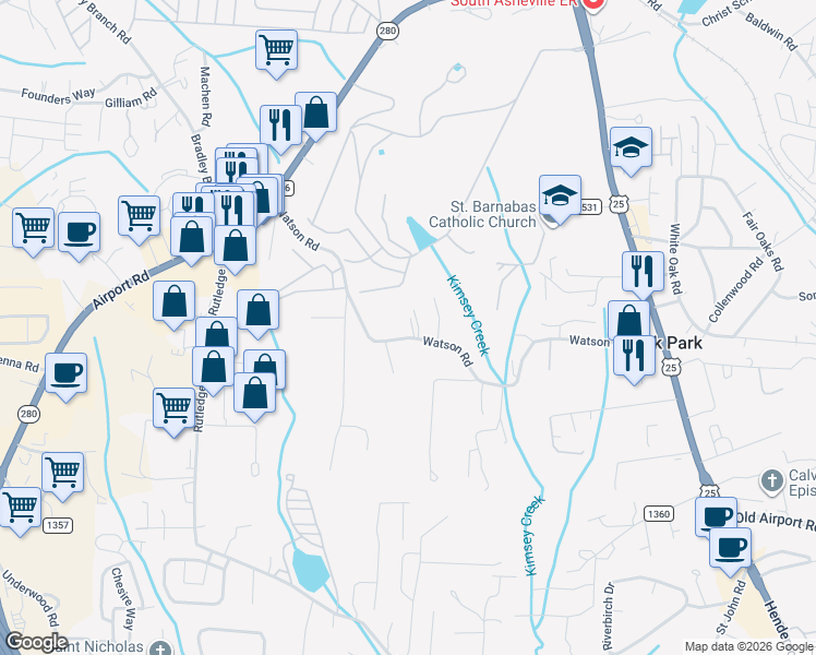 map of restaurants, bars, coffee shops, grocery stores, and more near 300 Watson Road in Arden
