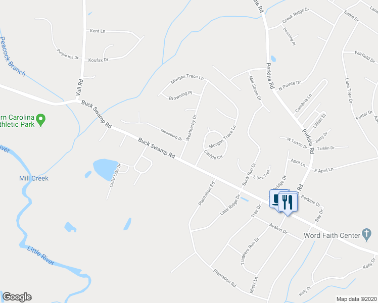 map of restaurants, bars, coffee shops, grocery stores, and more near 102 Weatherby Drive in Goldsboro