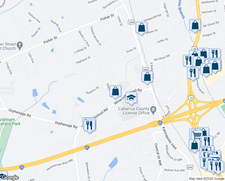 map of restaurants, bars, coffee shops, grocery stores, and more near 2897 Shady Lane Avenue in Concord