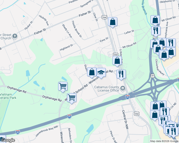map of restaurants, bars, coffee shops, grocery stores, and more near 2911 Shady Lane Avenue in Concord