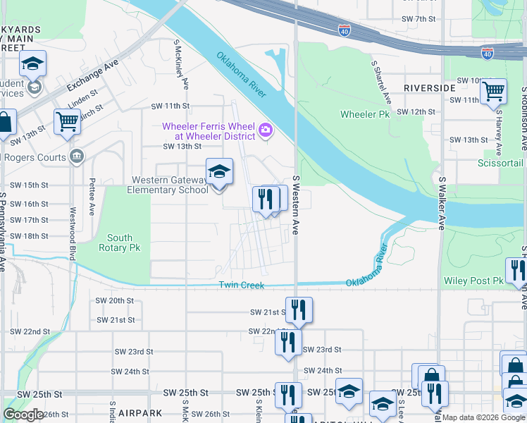 map of restaurants, bars, coffee shops, grocery stores, and more near 1701 South Western Avenue in Oklahoma City