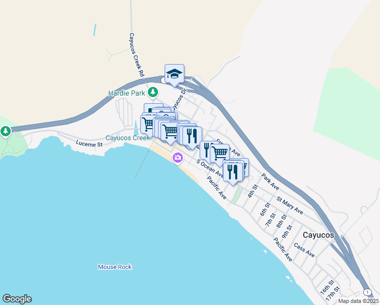 map of restaurants, bars, coffee shops, grocery stores, and more near 12 North Ocean Avenue in Cayucos