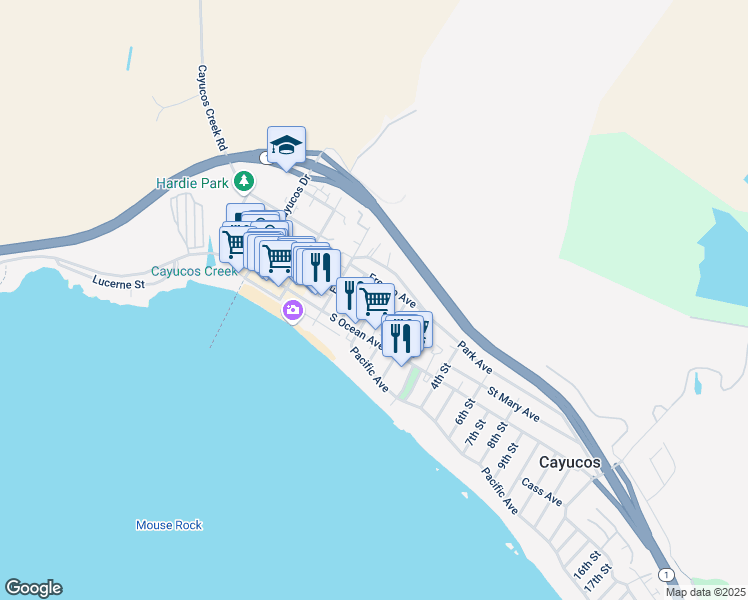 map of restaurants, bars, coffee shops, grocery stores, and more near 174 G Street in Cayucos