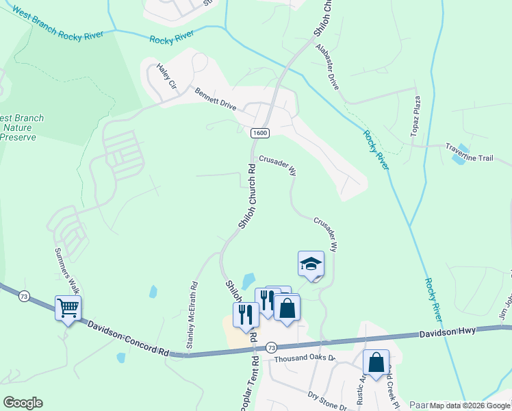 map of restaurants, bars, coffee shops, grocery stores, and more near 2580 Shiloh Church Road in Davidson