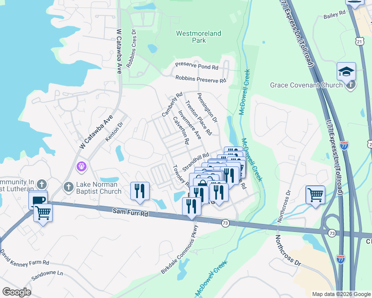map of restaurants, bars, coffee shops, grocery stores, and more near 8116 Parkton Gate Drive in Huntersville