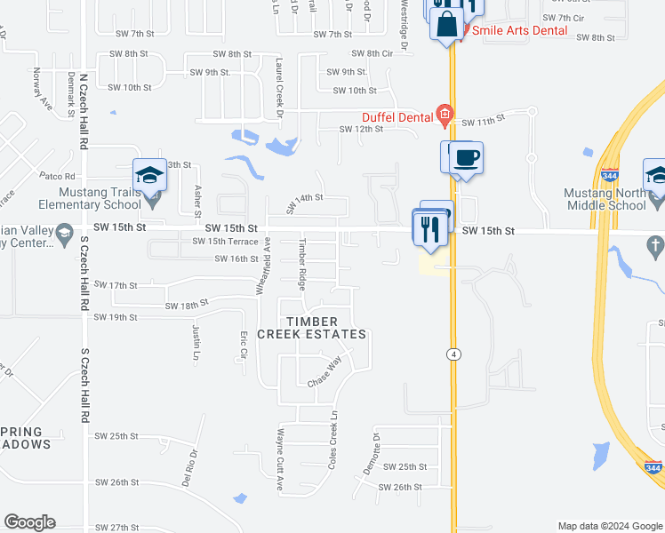 map of restaurants, bars, coffee shops, grocery stores, and more near 9618 Southwest 17th Street in Yukon